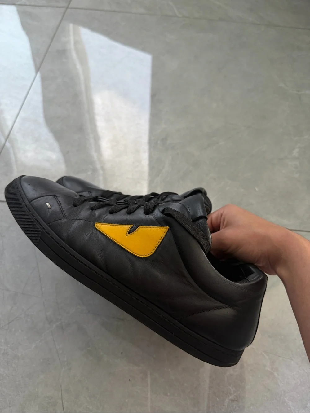 Fendi Black Leather Sneakers with Yellow Patch